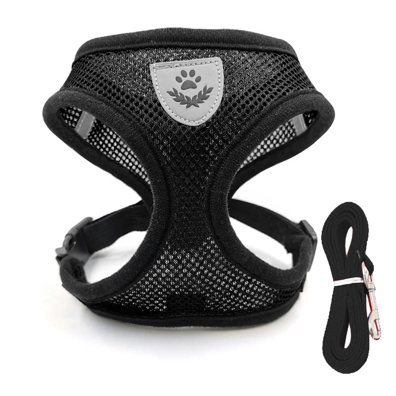 Adjustable Reflective Mesh Dog Cat Harness With Leash Set