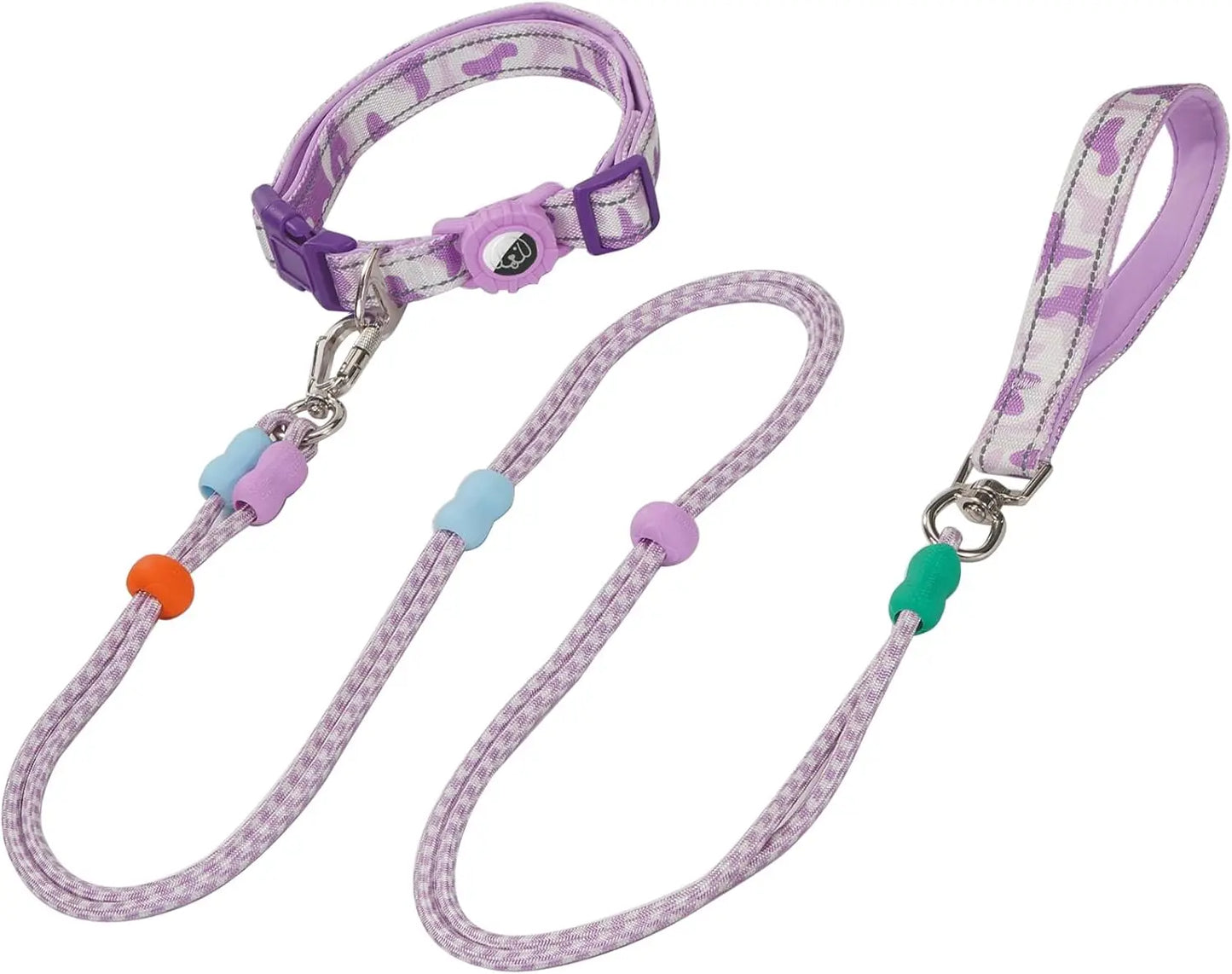 XMSJ Dog Leash and Collar Set With AirTag Holder For All Breeds, Double Rope, Reflective Nylon