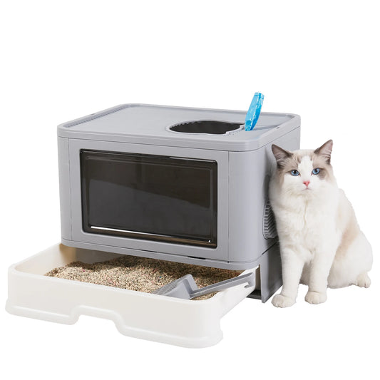 Foldable Enclosed Cat Litter Box With Front Entry Top Exit And Pullout Drawer And Scoop