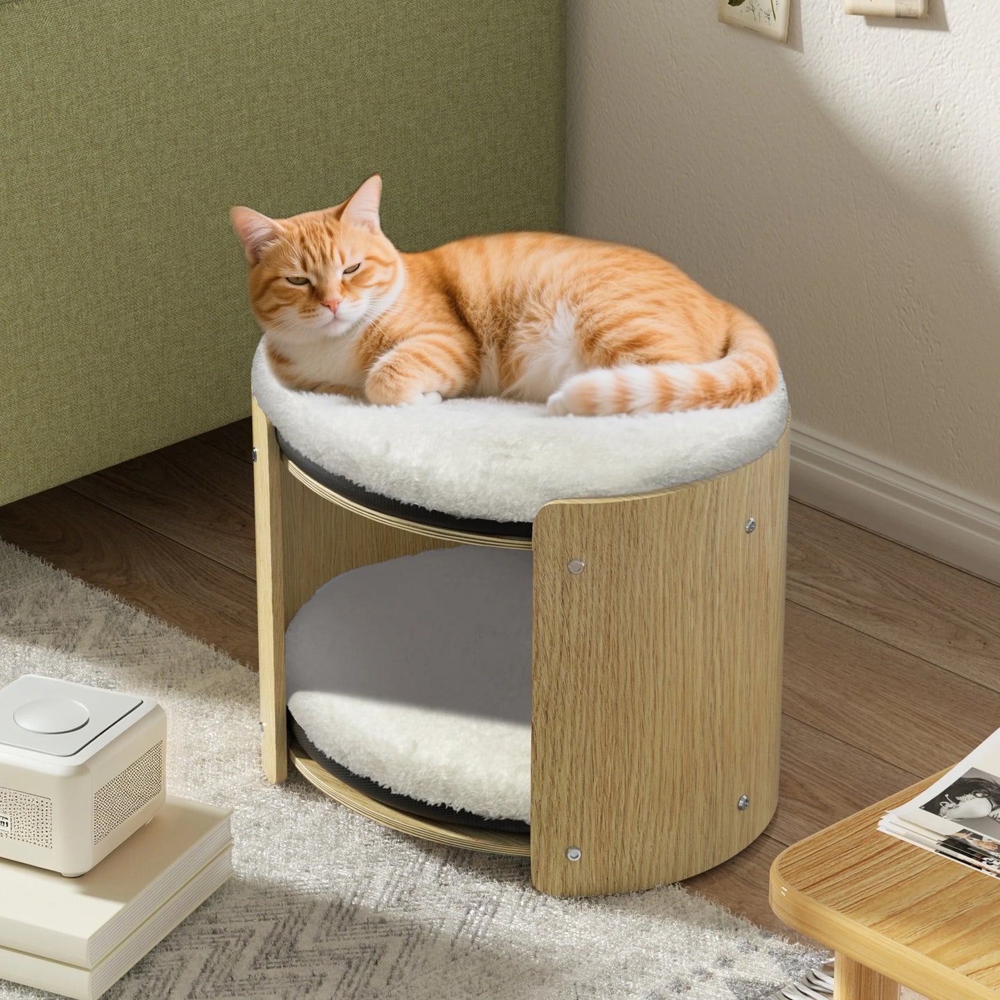 BINGOPAW Elevated Cat Bed TwoTier BambooFrame IndoorCatTreeStructure RemovableWashableMat
