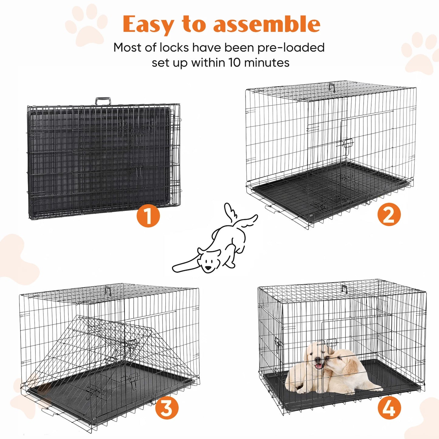 JHK Double Door Folding Metal Dog Cage With Leakproof Tray