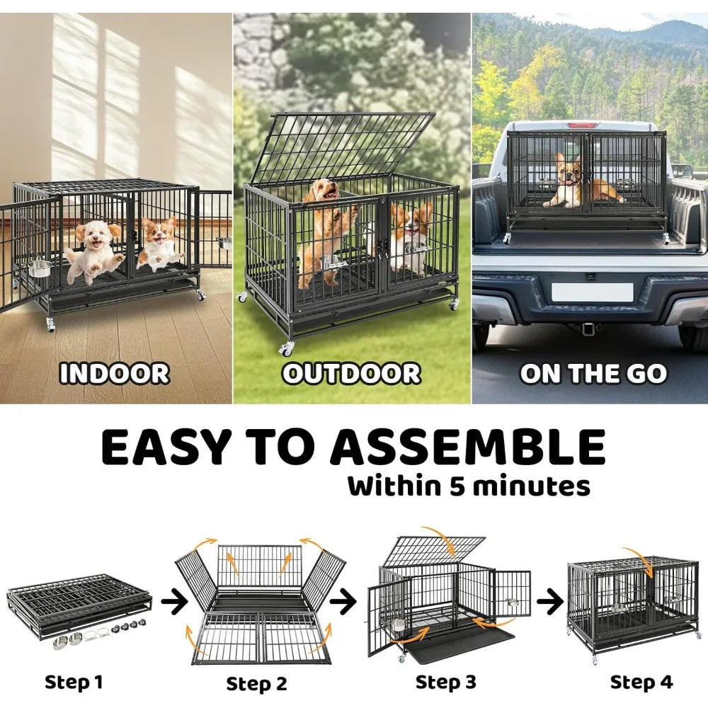 Heavy Duty Stackable Dog Crate With Detachable Divider And Wheels