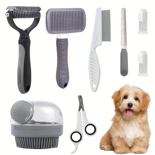 Hign-concerned Dog Grooming Kit Self Cleaning Set With Nail Clippers Flea Comb Shampoo Bath Brush