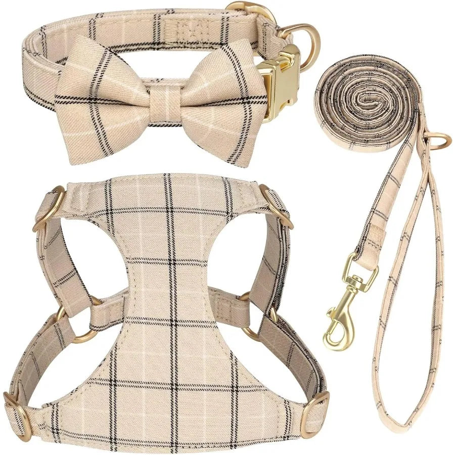 Hign-concerned Industrial-Grade Ultra-Soft Adjustable Dog Harness Leash Bowtie Plaid