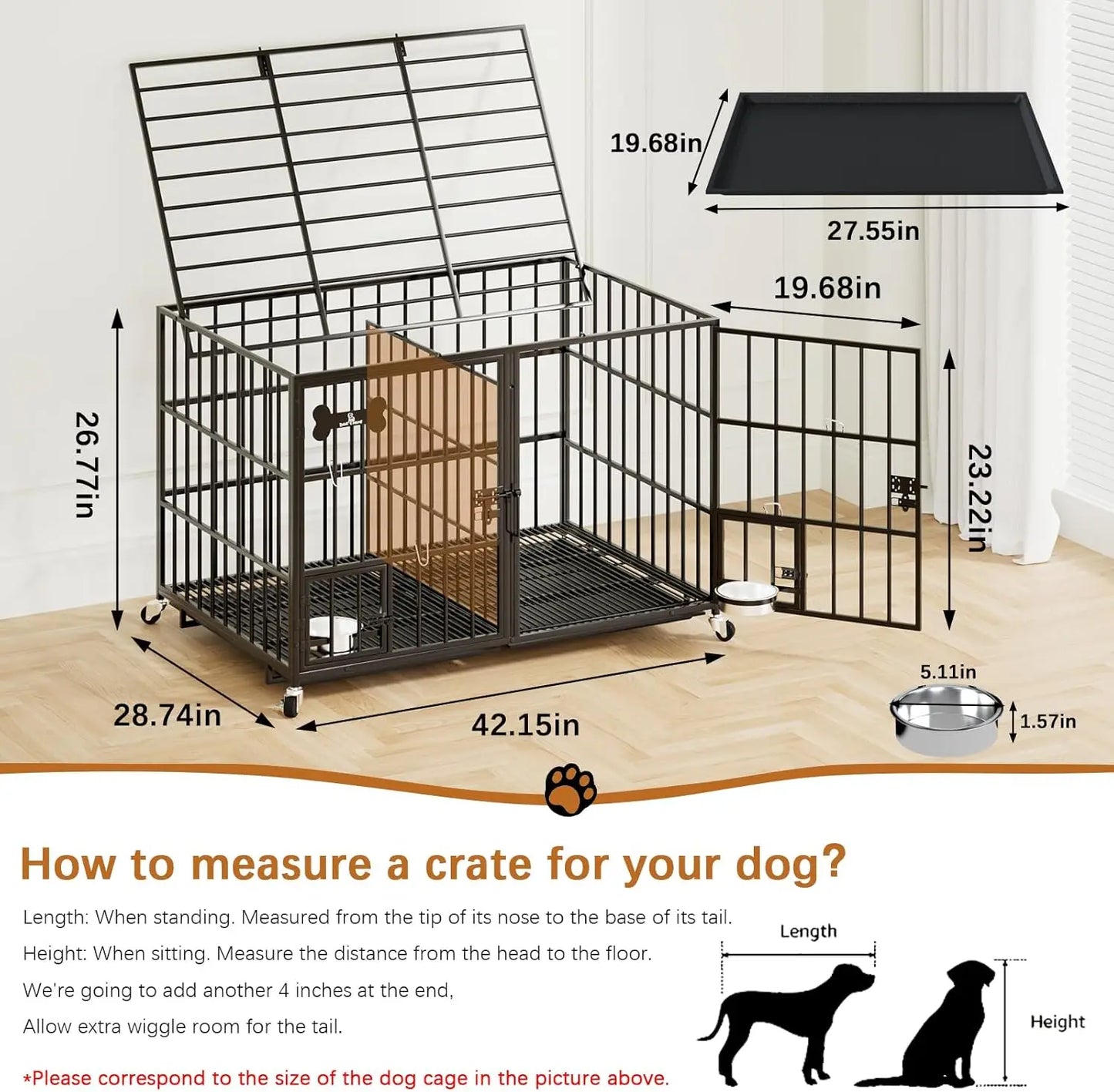 Heavy Duty Metal Dog Crate With Divider Wheels Tray