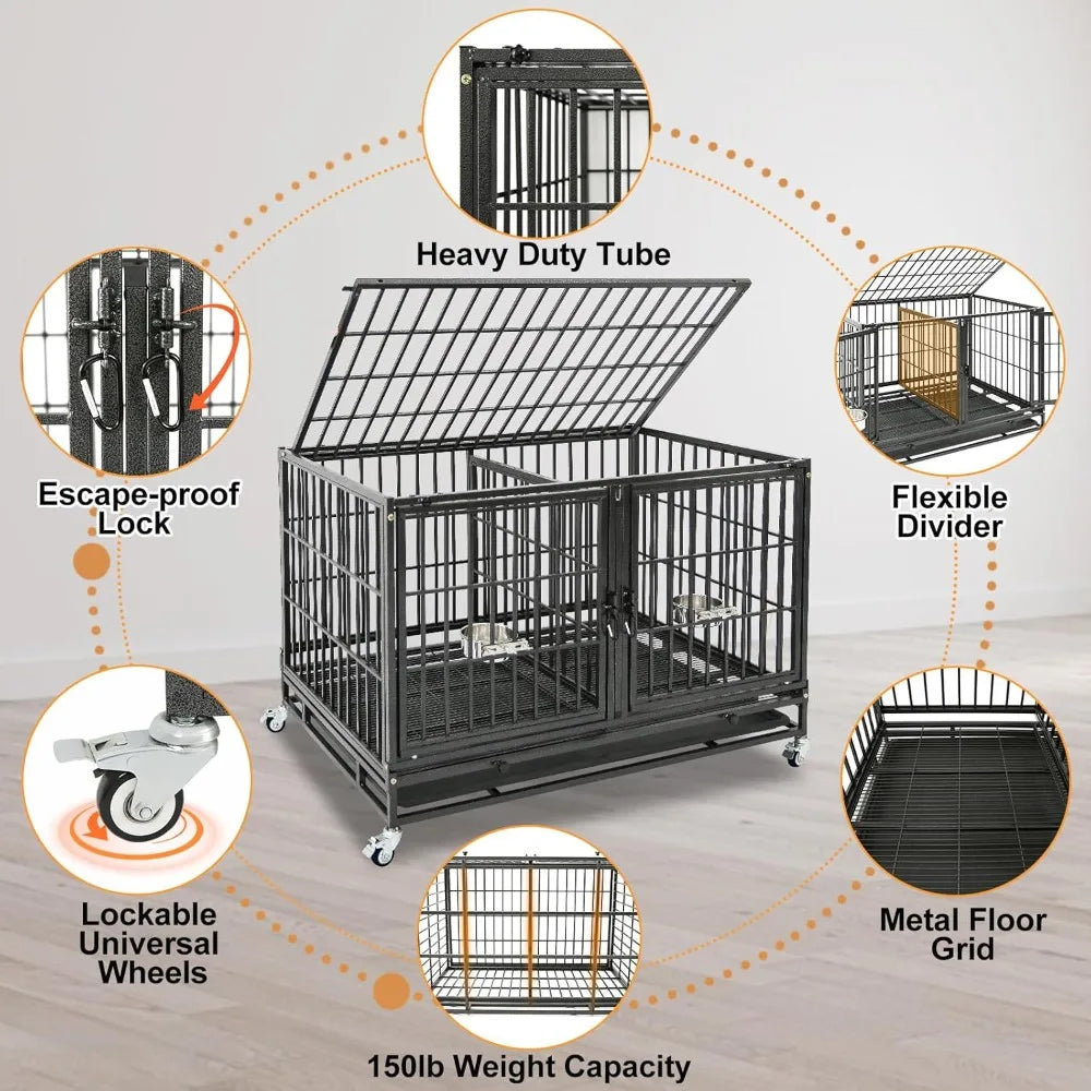 Heavy Duty Stackable Dog Crate With Detachable Divider And Wheels