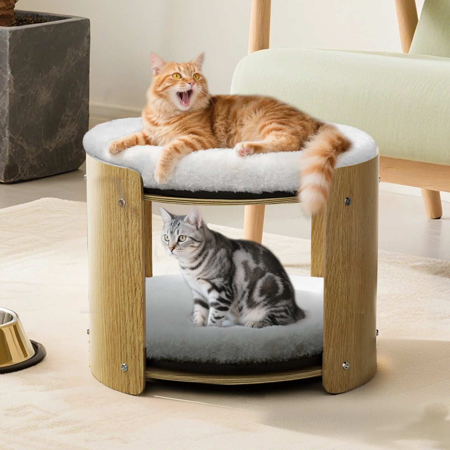 BINGOPAW Elevated Cat Bed TwoTier BambooFrame IndoorCatTreeStructure RemovableWashableMat