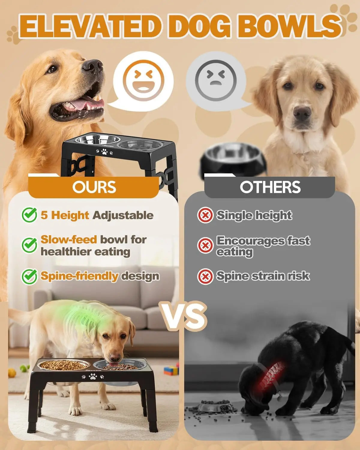 Adjustable Elevated Dog Bowl Slow Feeder With Stainless Steel Stand