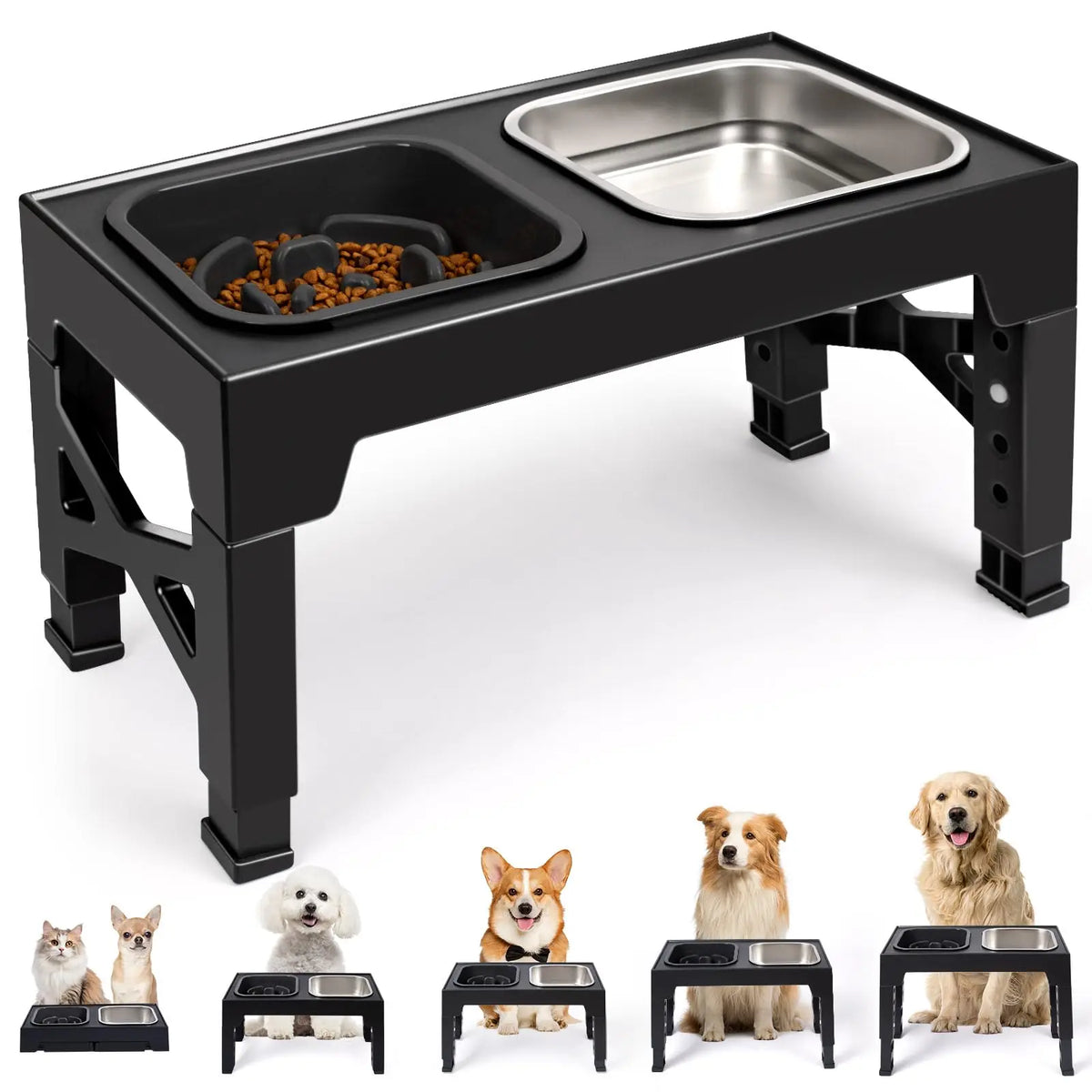 Elevated Stainless Steel Slow Feeder Dog Bowls With Foldable Stand