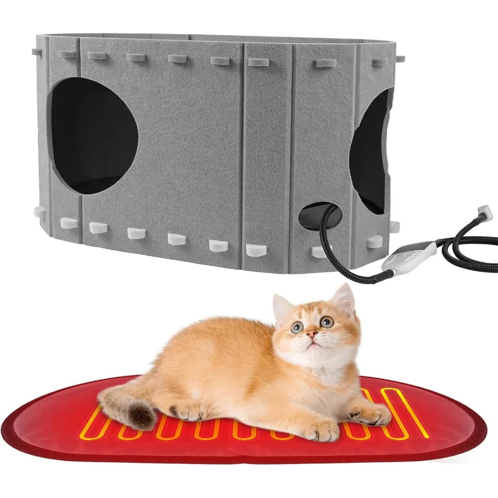 Heated Cat House For Indoor Cats With Timer And Adjustable Temperature Heating Pad Bed Included Foldable Cat Condo