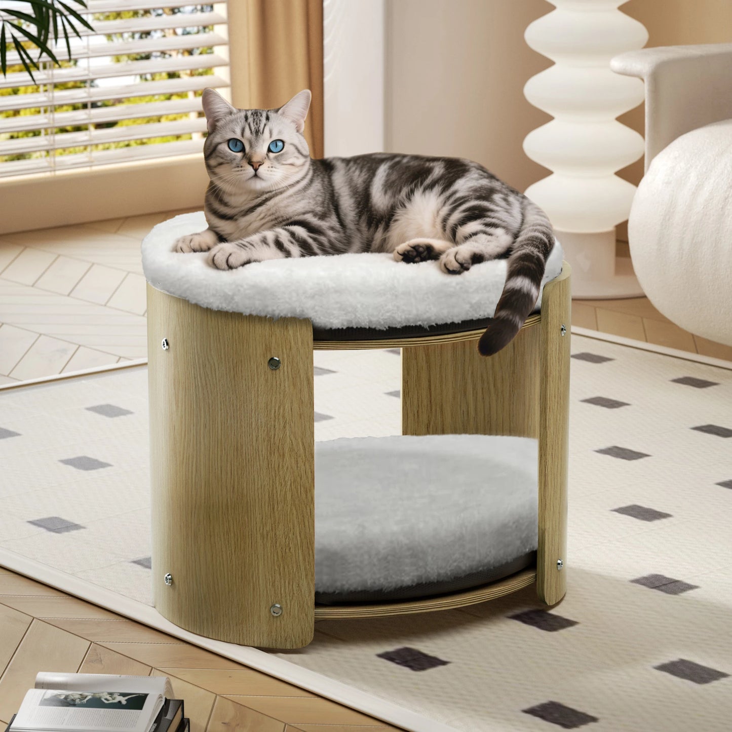 BINGOPAW Elevated Cat Bed TwoTier BambooFrame IndoorCatTreeStructure RemovableWashableMat