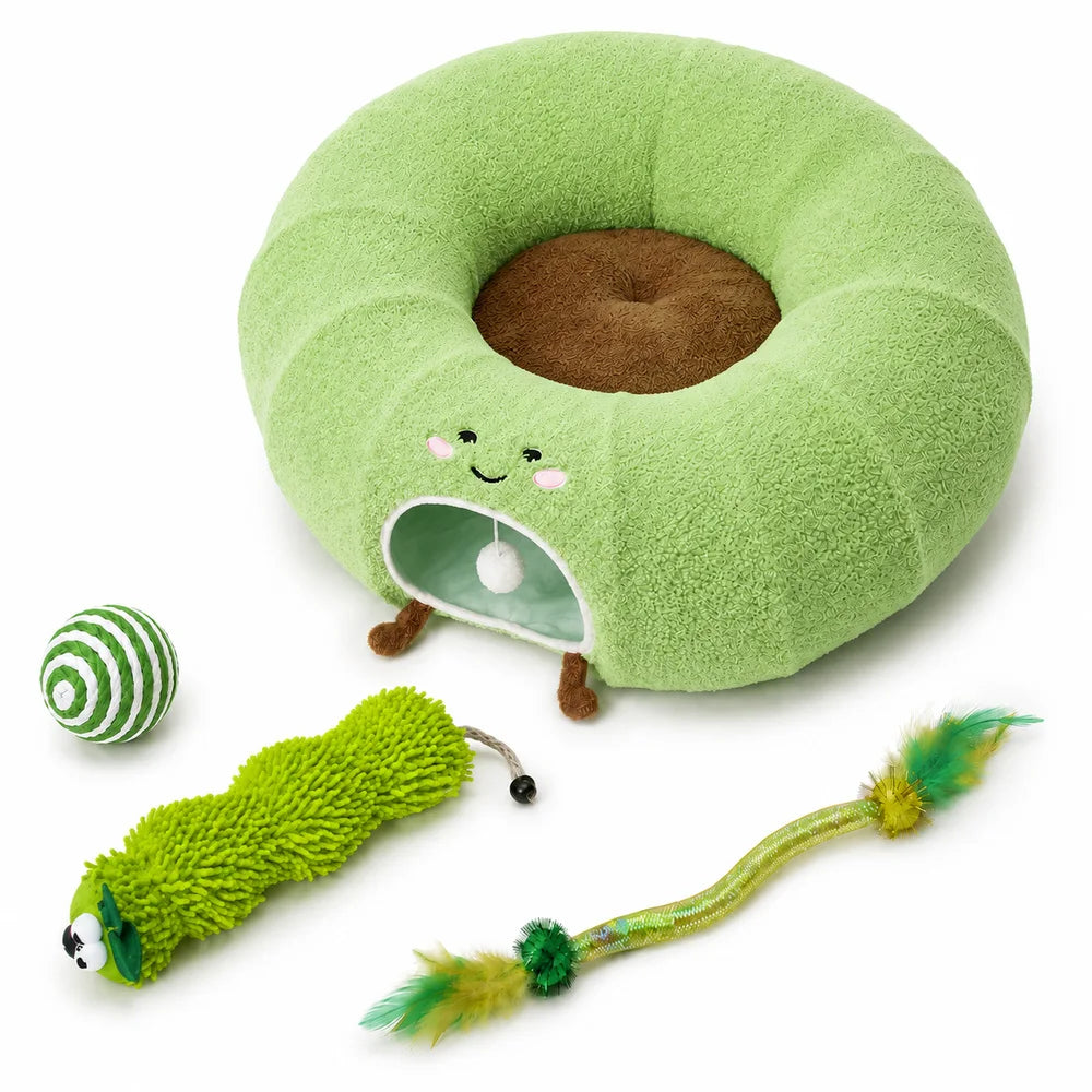 Convertible Cat Tunnel Bed With Plush Donut Cushion For Cats