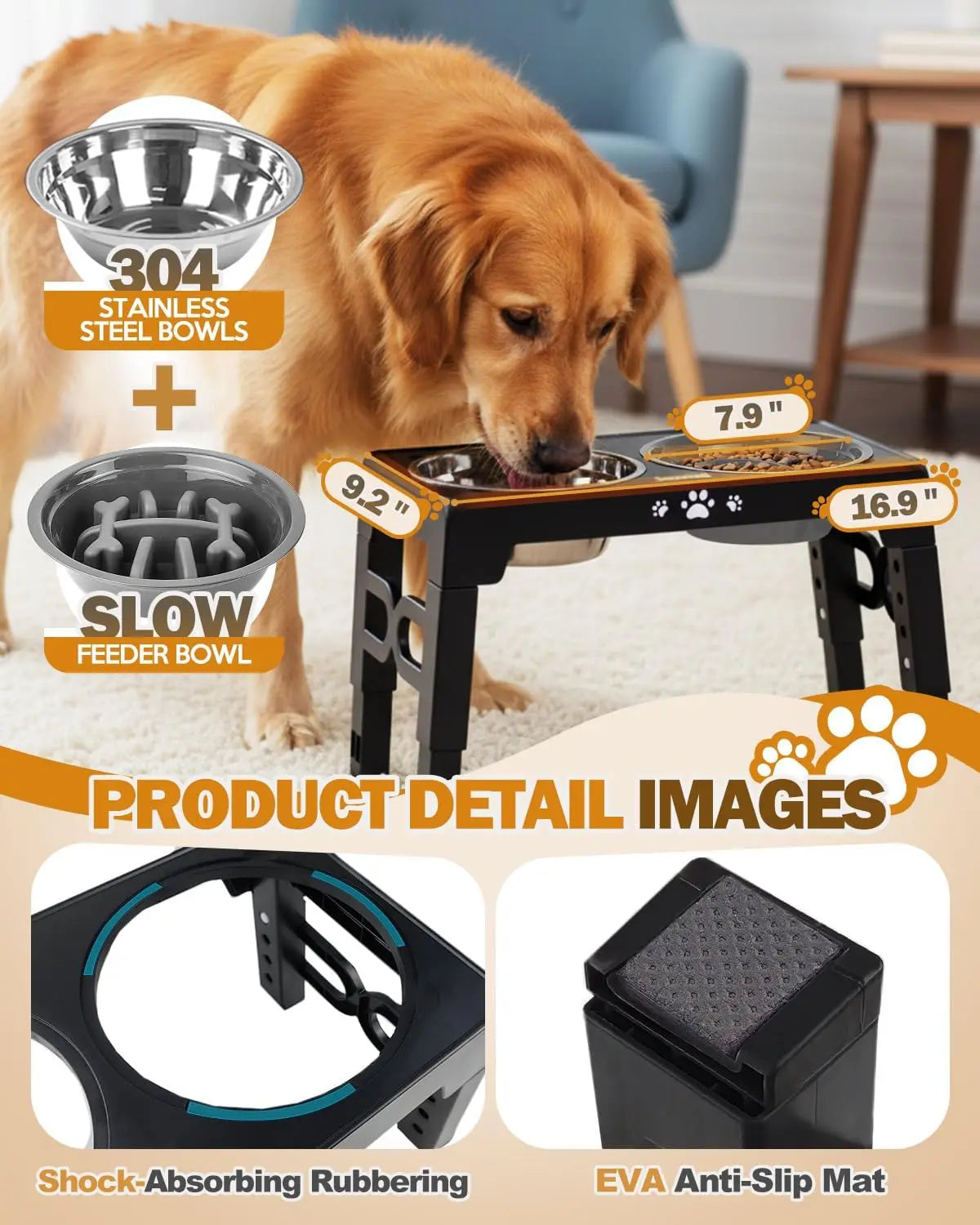 Adjustable Elevated Dog Bowl Slow Feeder With Stainless Steel Stand