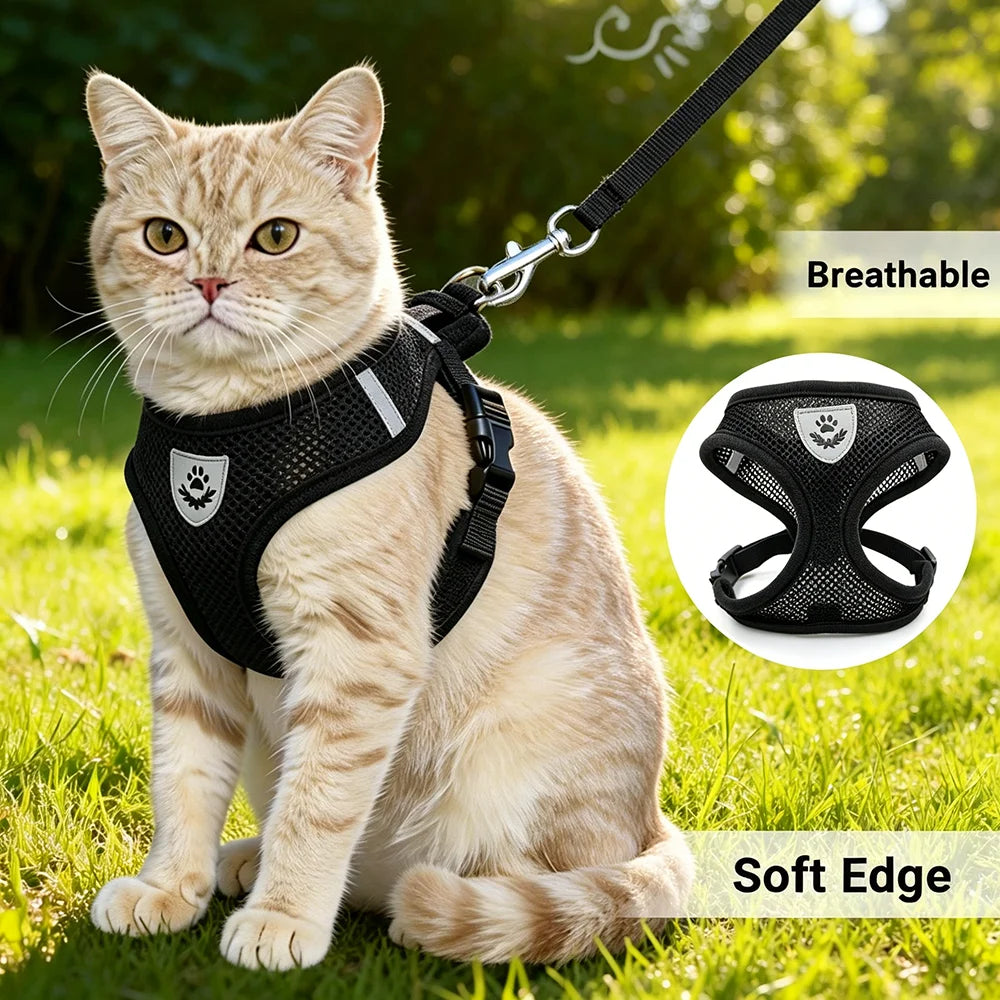 Adjustable Reflective Mesh Dog Cat Harness With Leash Set