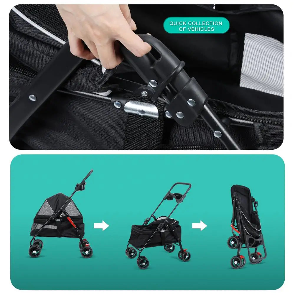4 Wheels Dog Cat Stroller For Outdoor Travel Folding Carrier