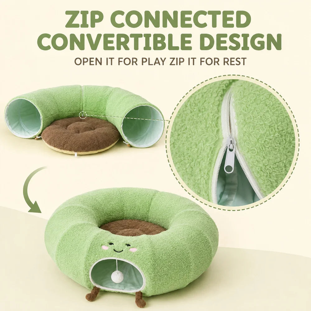 Convertible Cat Tunnel Bed With Plush Donut Cushion For Cats