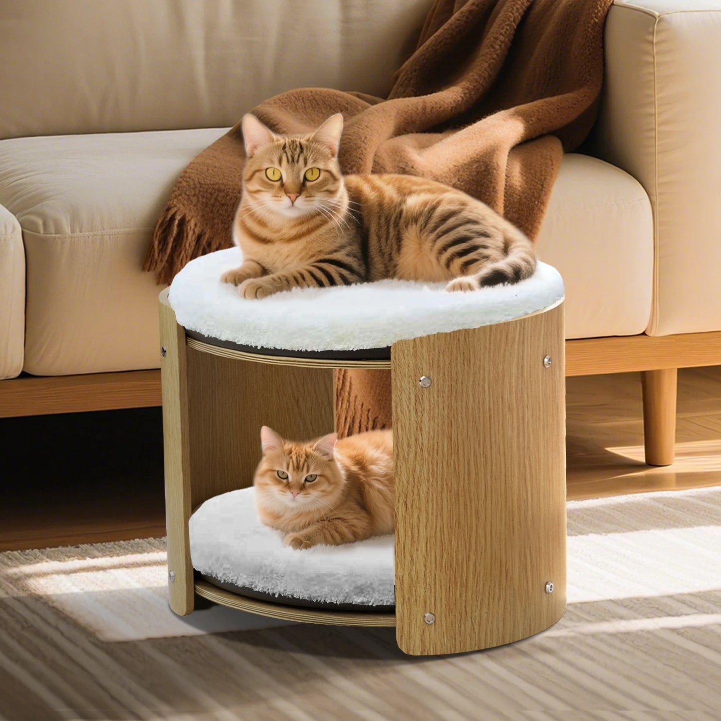 BINGOPAW Elevated Cat Bed TwoTier BambooFrame IndoorCatTreeStructure RemovableWashableMat