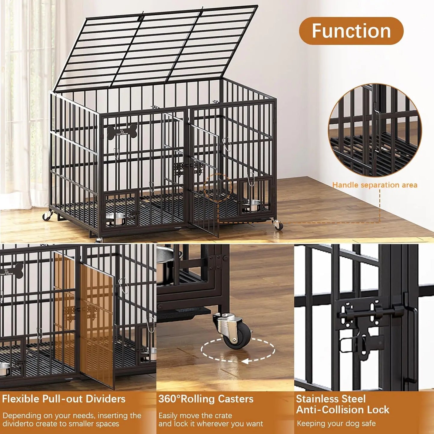 Heavy Duty Metal Dog Crate With Divider Wheels Tray
