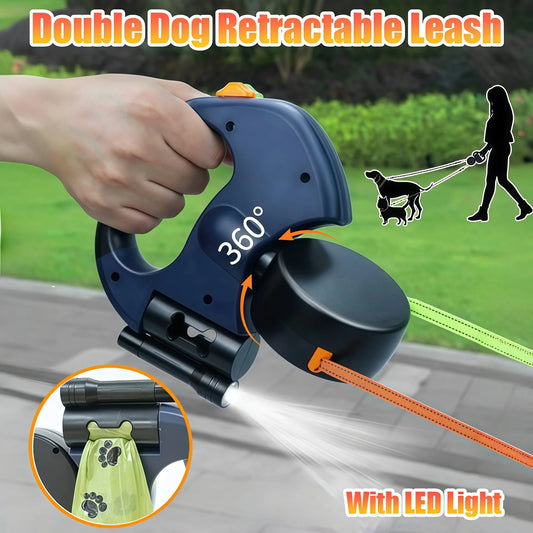 NONECN Auto Retractable Dog Leash With LED Light Waste Bag Dispenser DualHandle For Two Dogs