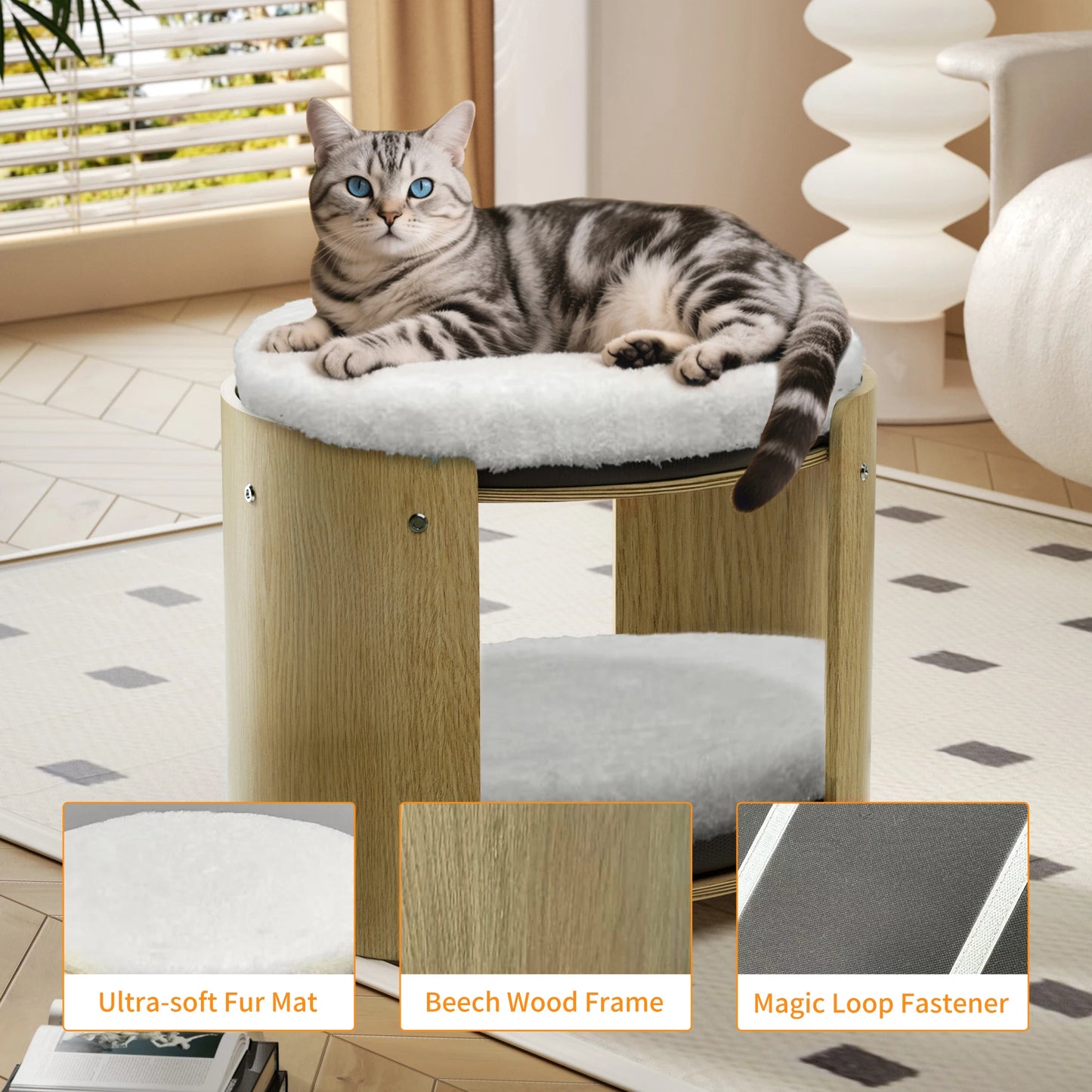 BINGOPAW Elevated Cat Bed TwoTier BambooFrame IndoorCatTreeStructure RemovableWashableMat