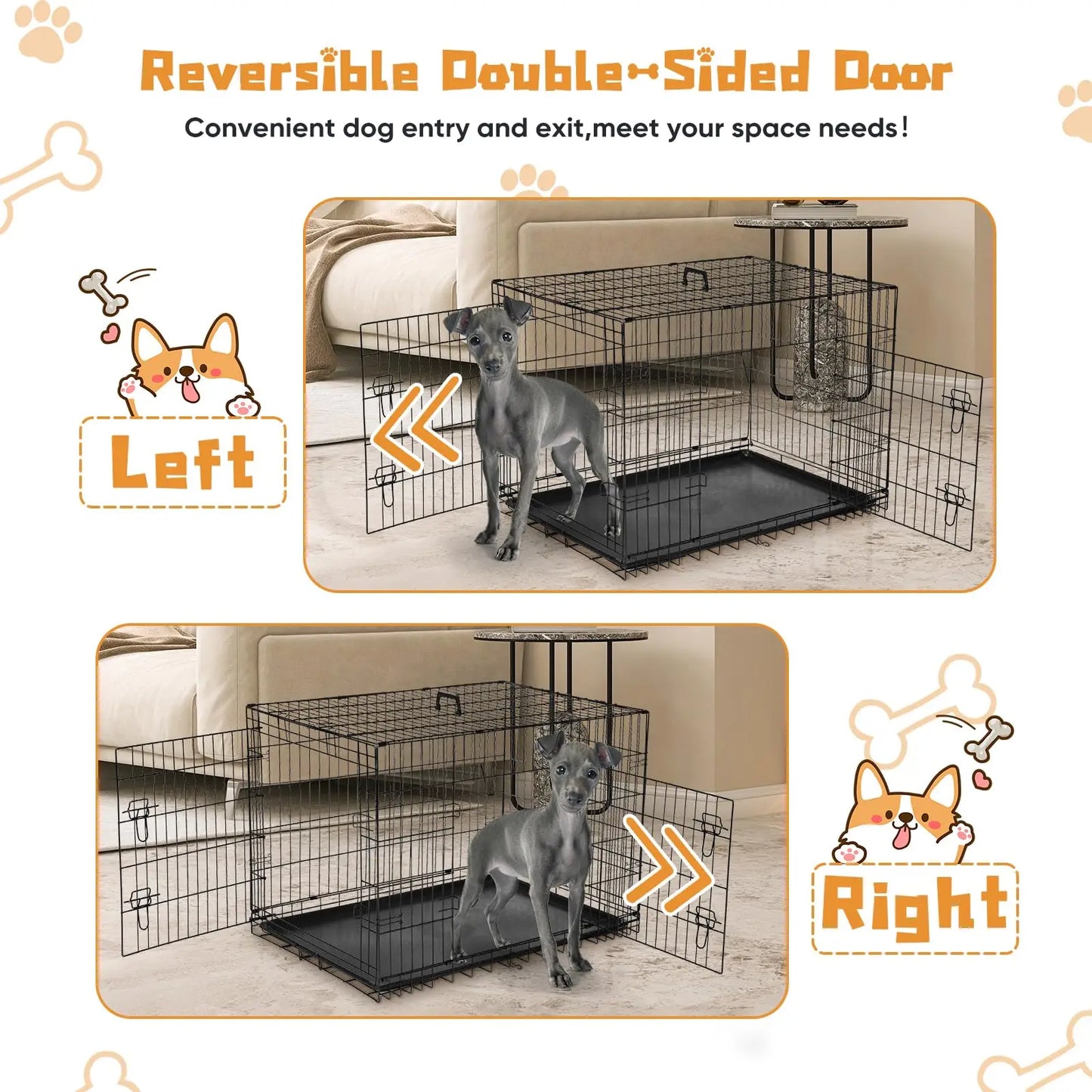 Double Door Dog Crate With Leakproof Pan and Folding Kennel