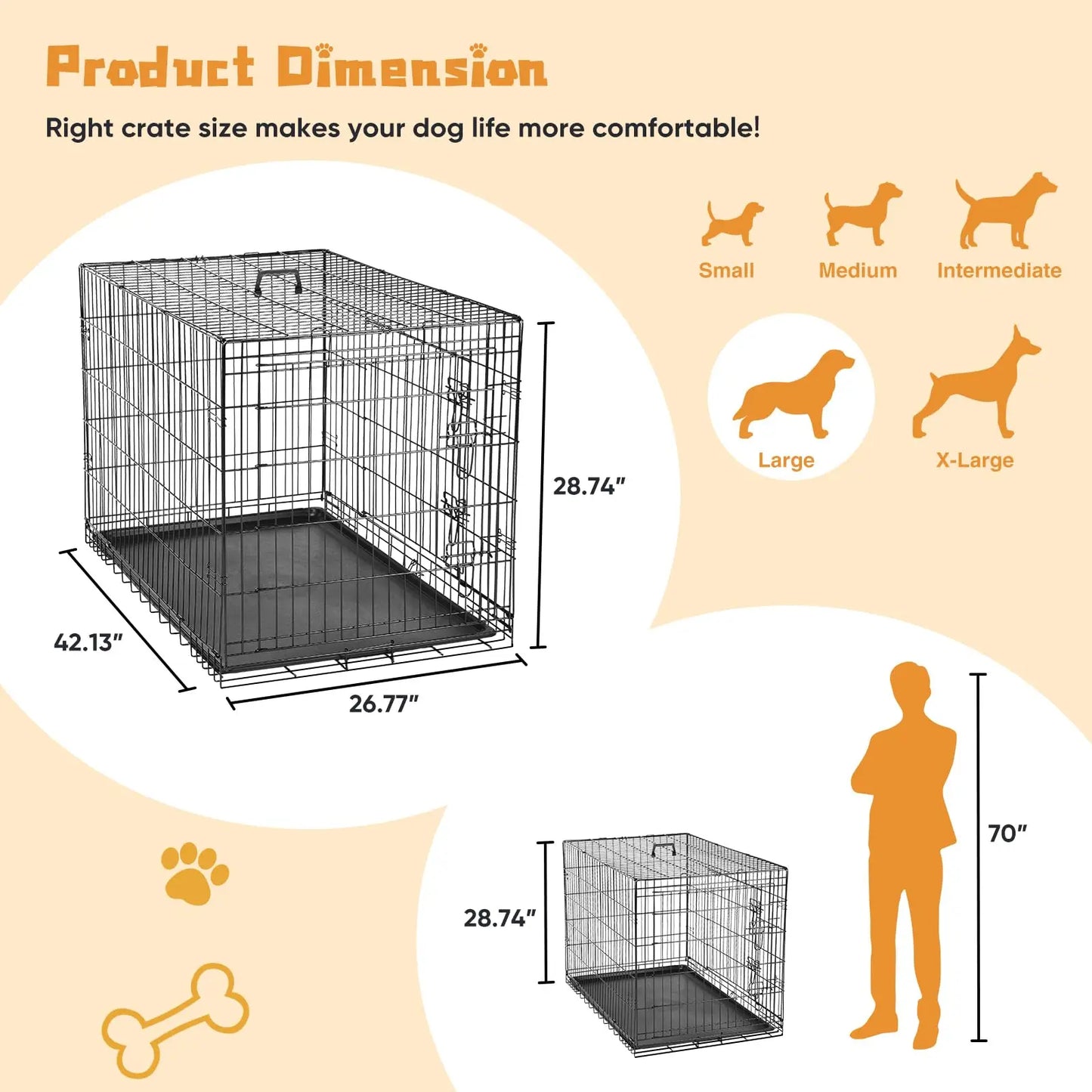 Double Door Dog Crate With Leakproof Pan and Folding Kennel