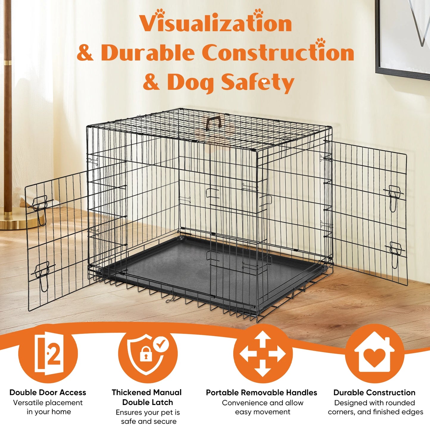 JHK Double Door Folding Metal Dog Cage With Leakproof Tray