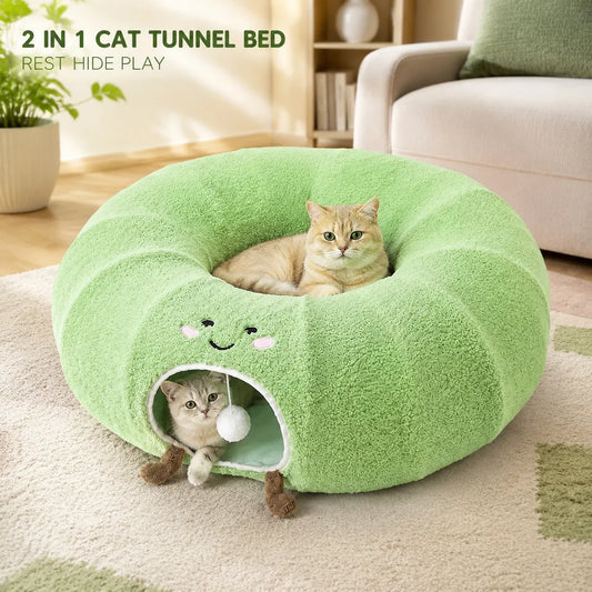 Convertible Cat Tunnel Bed With Plush Donut Cushion For Cats