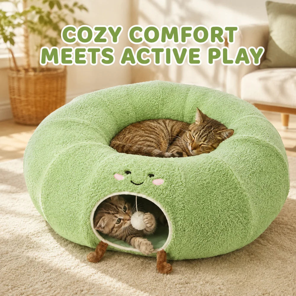 Convertible Cat Tunnel Bed With Plush Donut Cushion For Cats