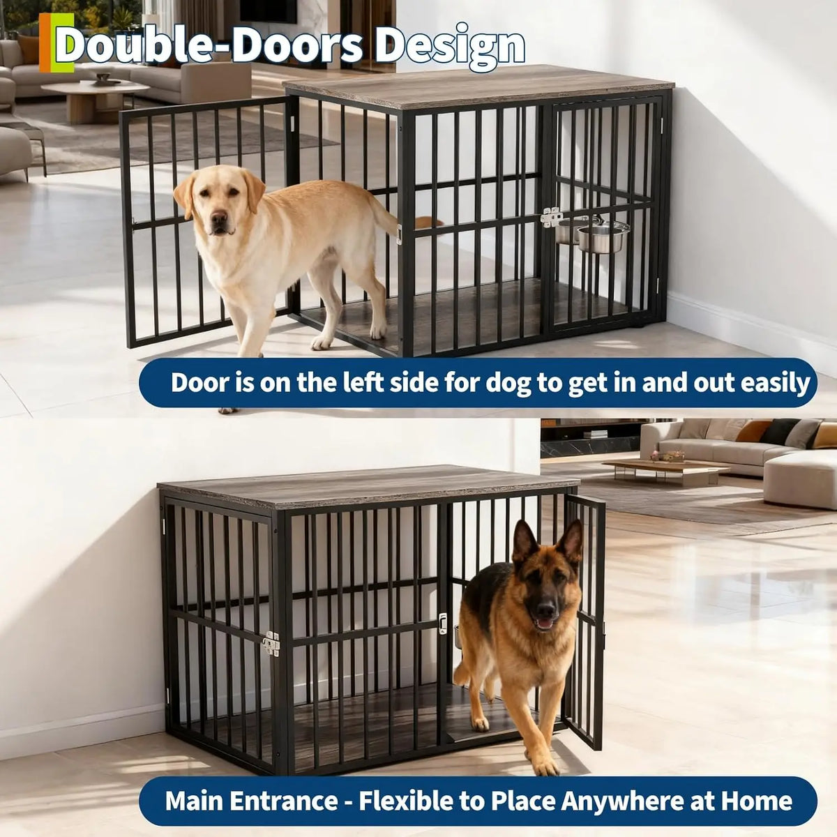 43 Inch Dog Crate Furniture Wooden Dog Kennel End Table Side Table Nightstand for Large Medium Dogs up to 90 Lbs Heavy Duty Indoor Pet Cage with Lockable Double Doors Removable Tray Divider Panel for Living Room Bedroom Entry