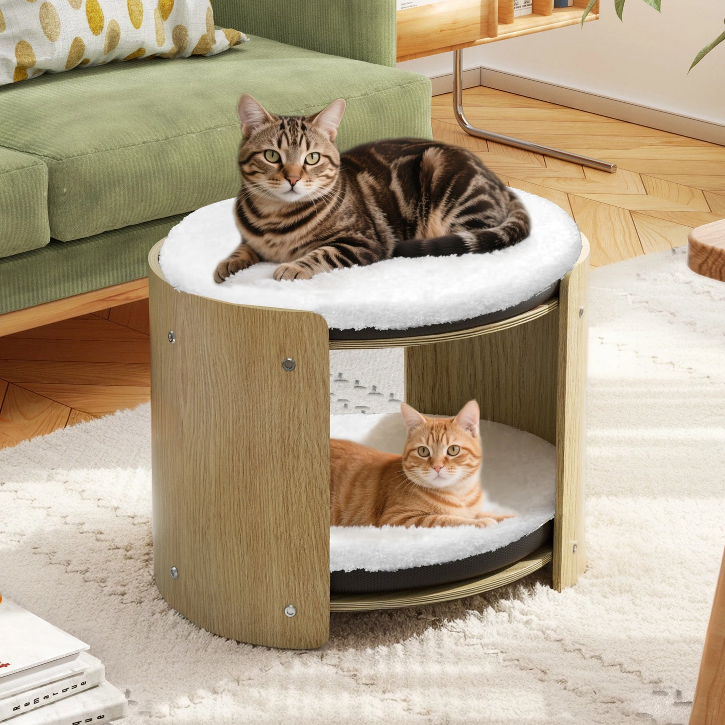 BINGOPAW Elevated Cat Bed TwoTier BambooFrame IndoorCatTreeStructure RemovableWashableMat