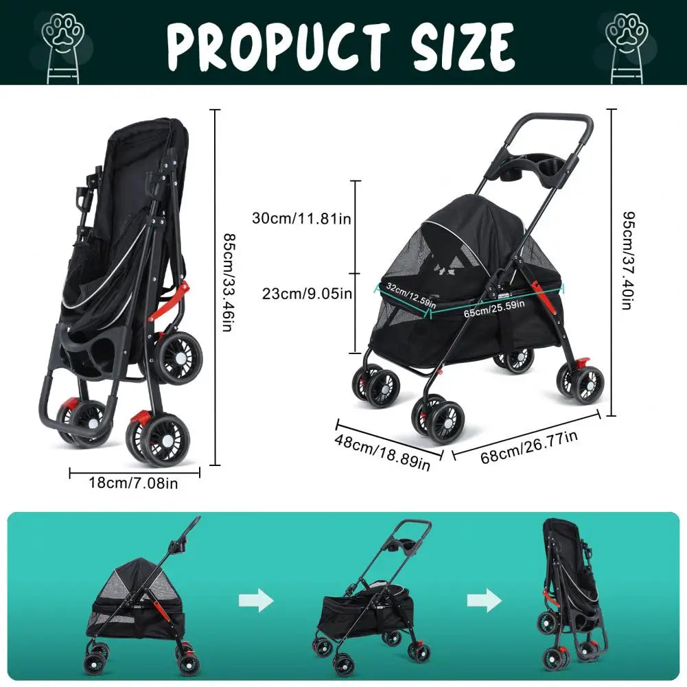 4 Wheels Dog Cat Stroller For Outdoor Travel Folding Carrier