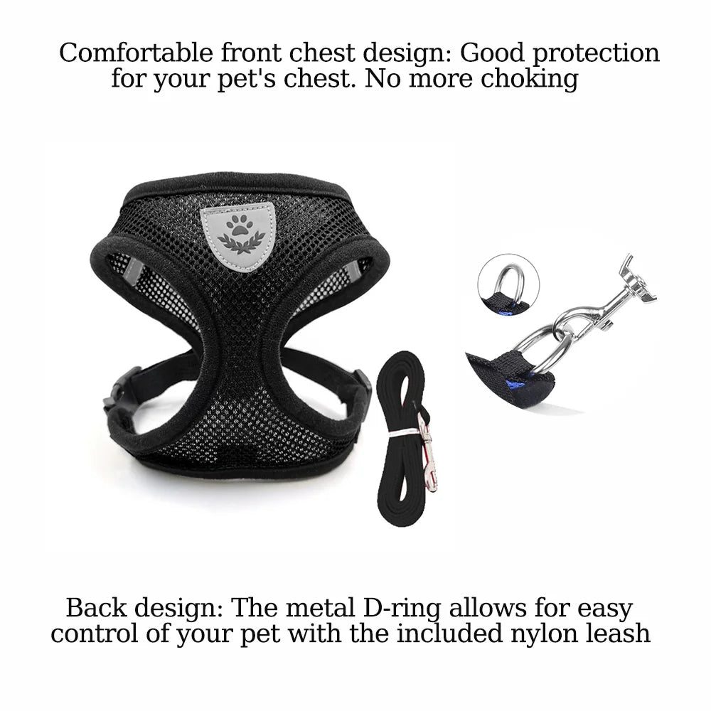Adjustable Reflective Mesh Dog Cat Harness With Leash Set