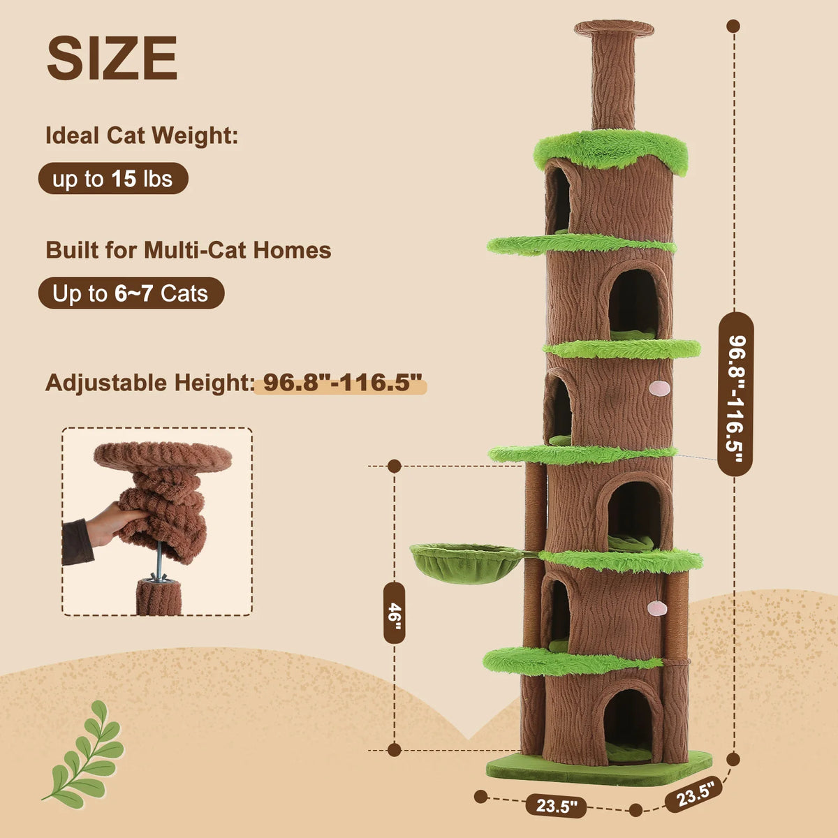 Floor to Ceiling Cat Tree with 6 Spacious Condos Sisal Scratching Posts Cozy Hammock Adjustable Height Large Cat Tower for Indoor Cats Multi-Level Cat House Bed Cat Toys