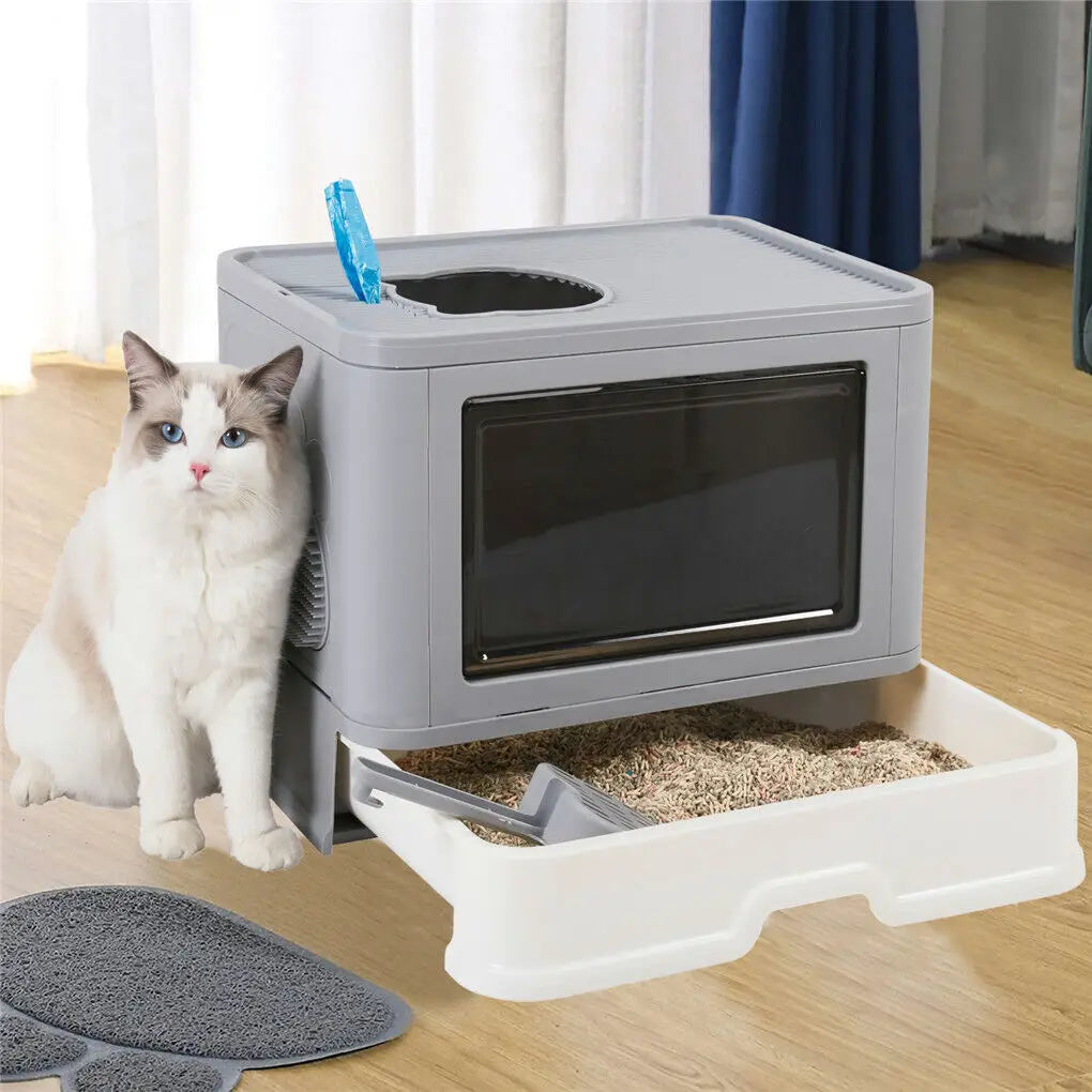 Foldable Enclosed Cat Litter Box With Front Entry Top Exit And Pullout Drawer And Scoop