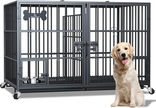 Heavy Duty Metal Dog Crate With Divider Wheels Tray