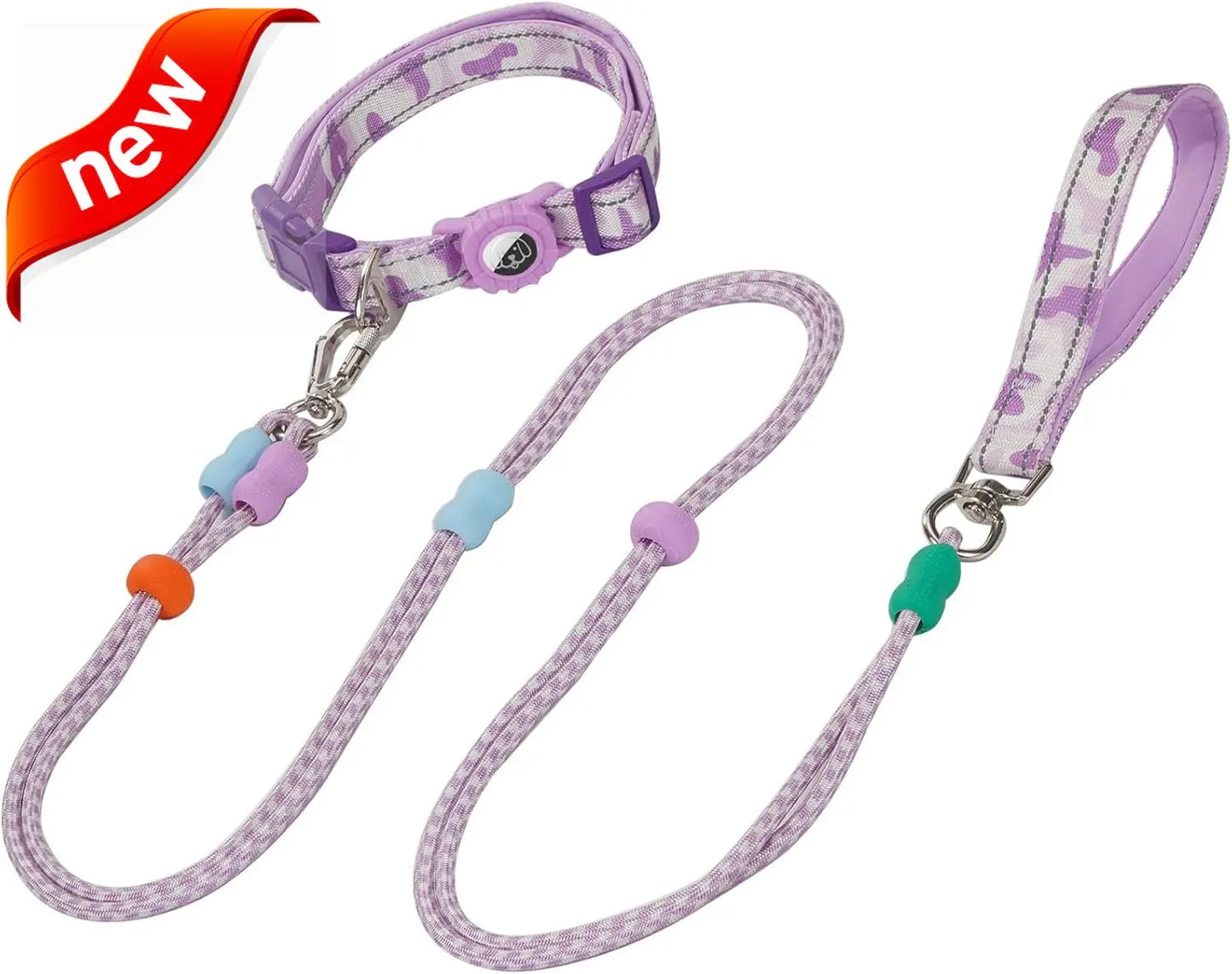 XMSJ Dog Leash and Collar Set With AirTag Holder For All Breeds, Double Rope, Reflective Nylon