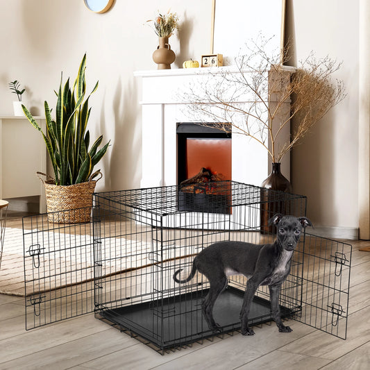 JHK Double Door Folding Metal Dog Cage With Leakproof Tray