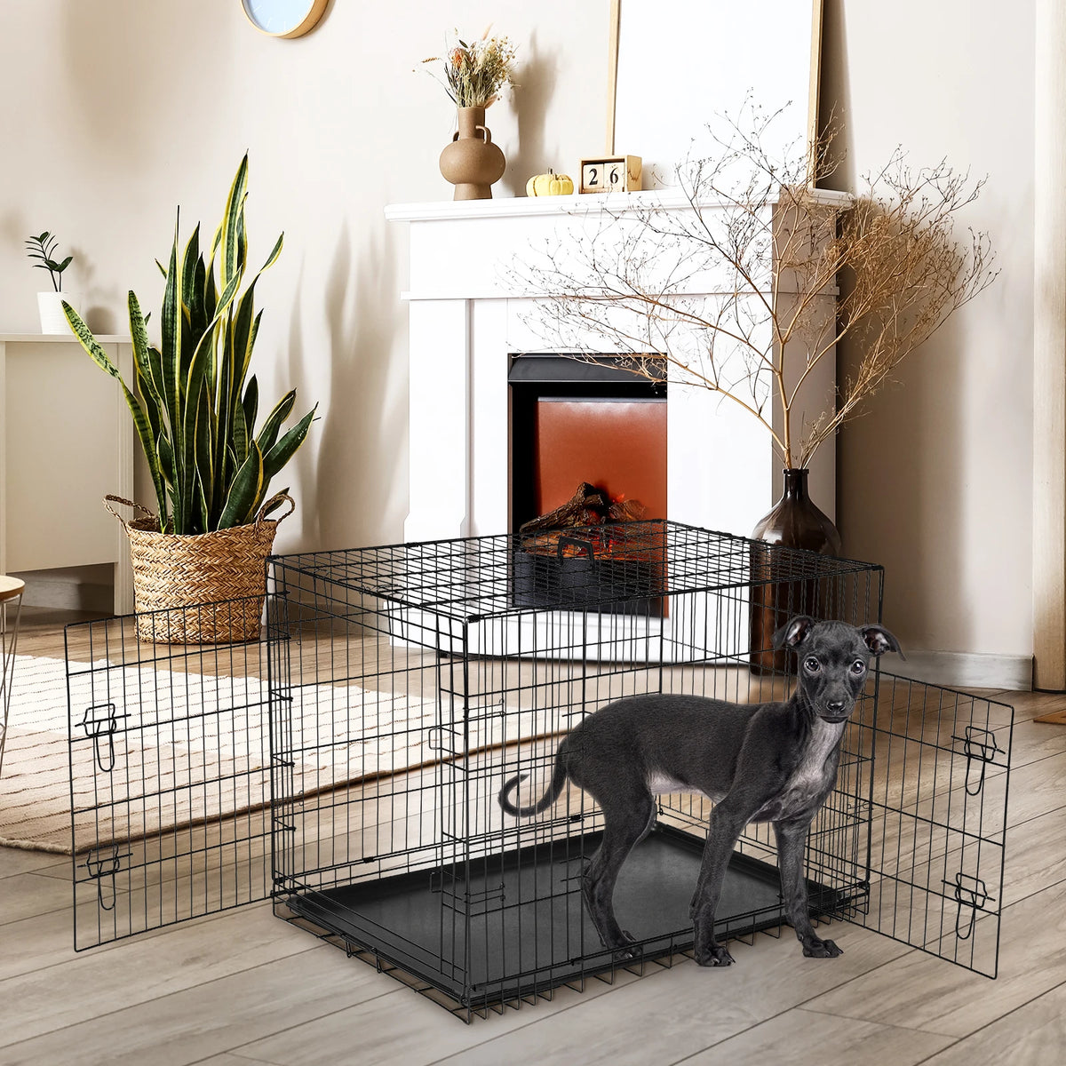 JHK Double Door Folding Metal Wire Dog Crate With Pan