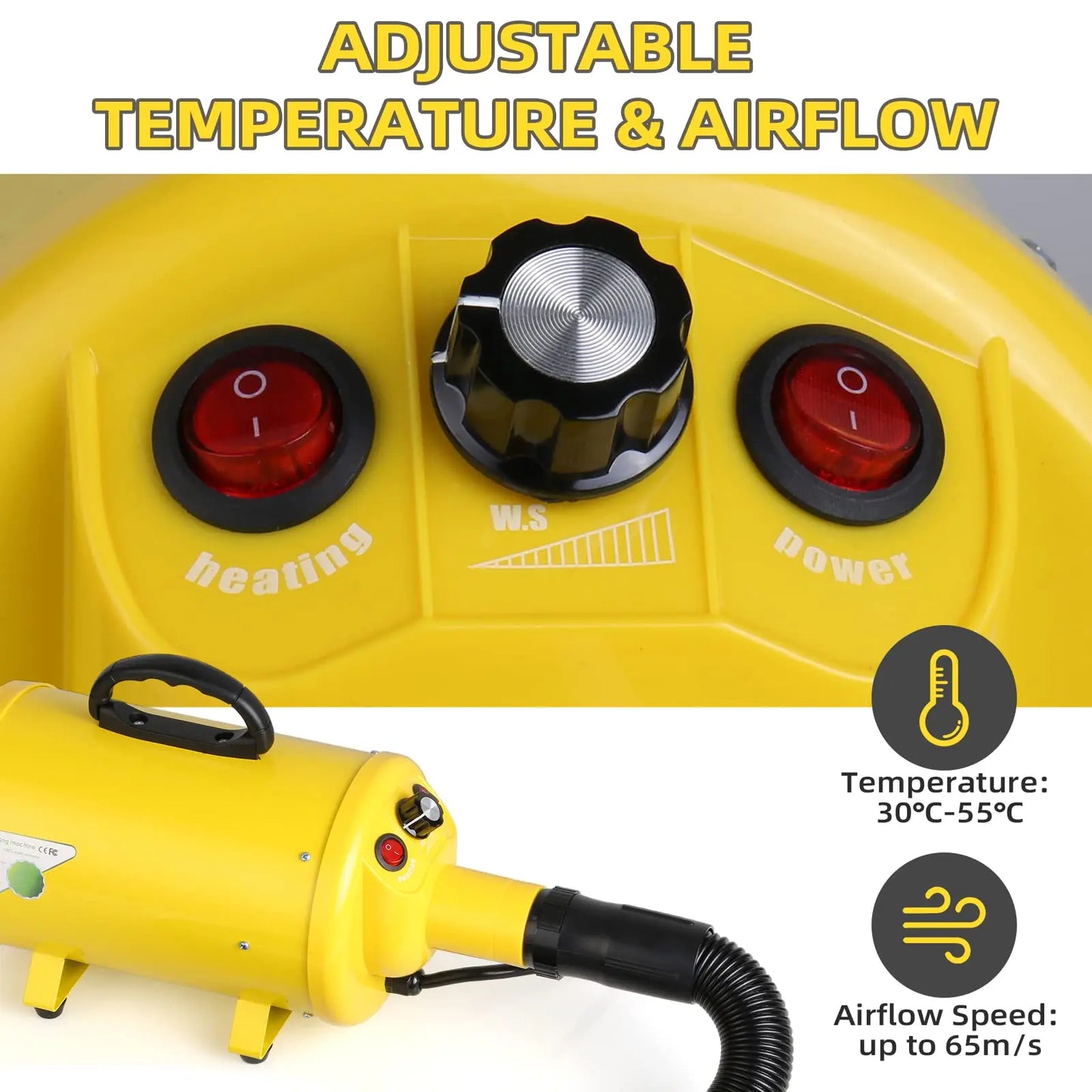 Dog Hair Dryer Grooming Blower with Heat and Stepless Speed