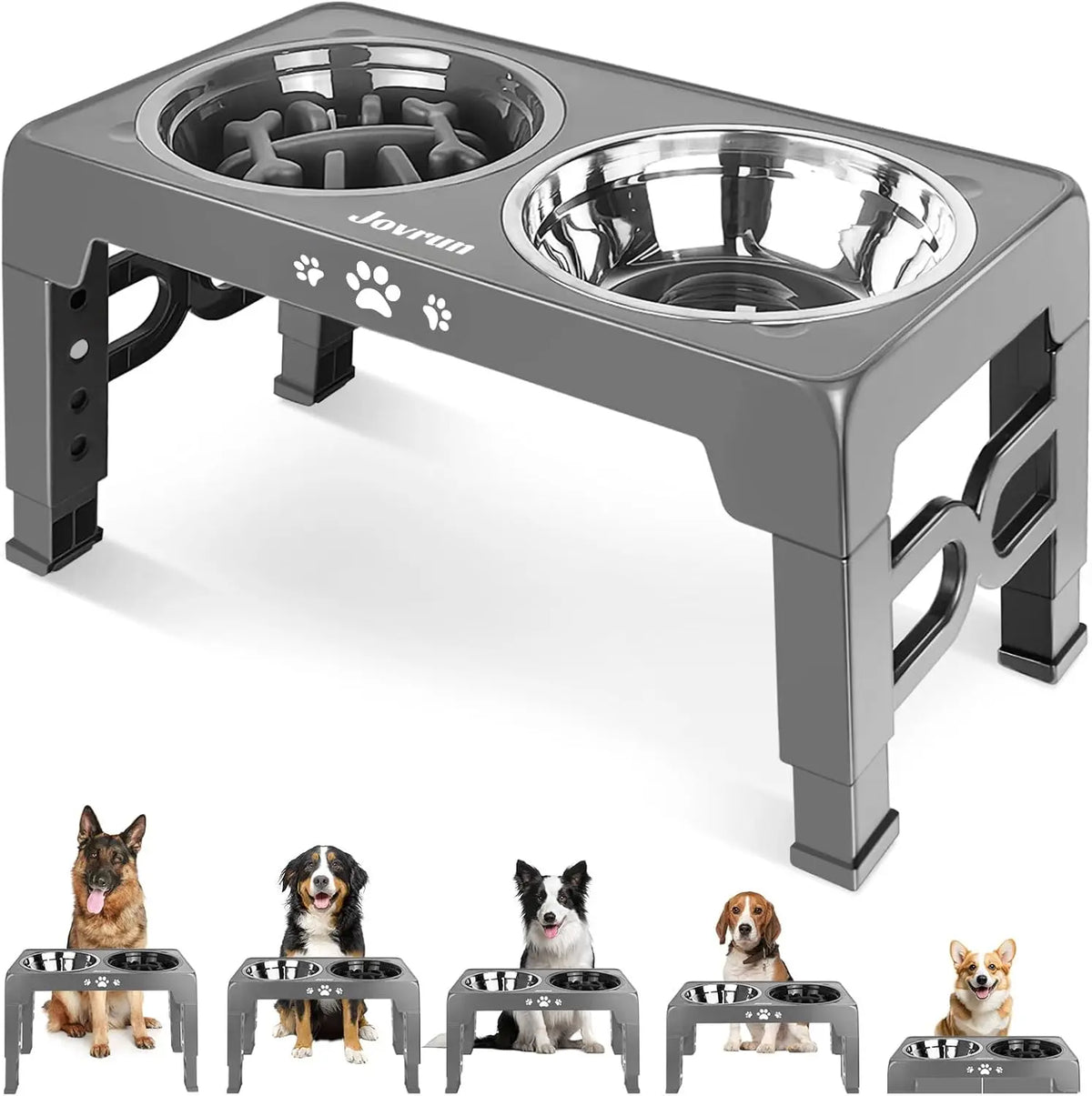 Adjustable Elevated Dog Bowl Slow Feeder With Stainless Steel Stand