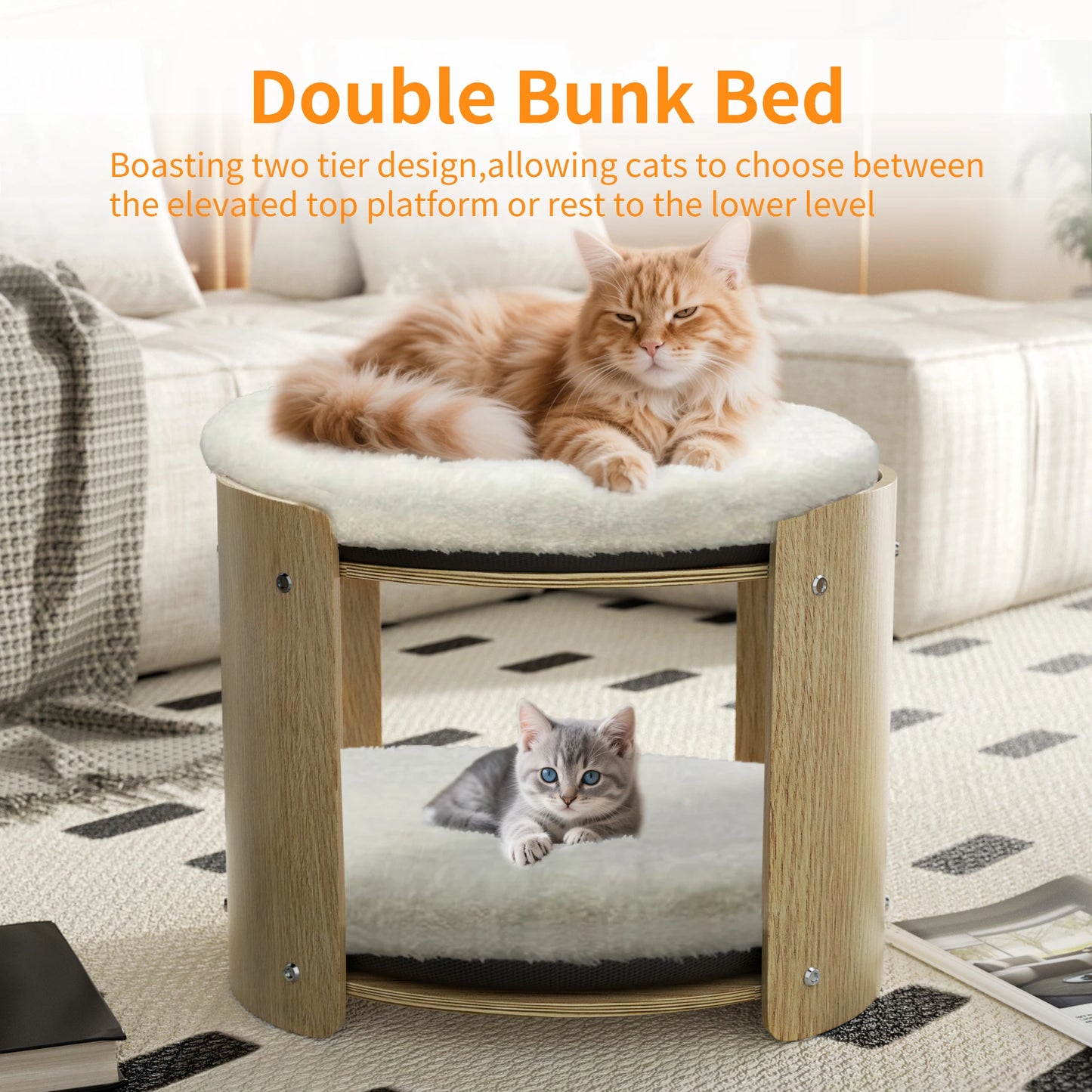BINGOPAW Elevated Cat Bed TwoTier BambooFrame IndoorCatTreeStructure RemovableWashableMat