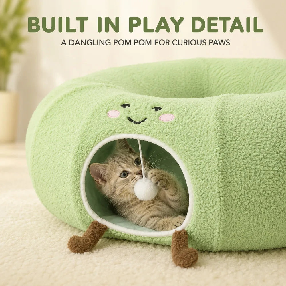 Convertible Cat Tunnel Bed With Plush Donut Cushion For Cats
