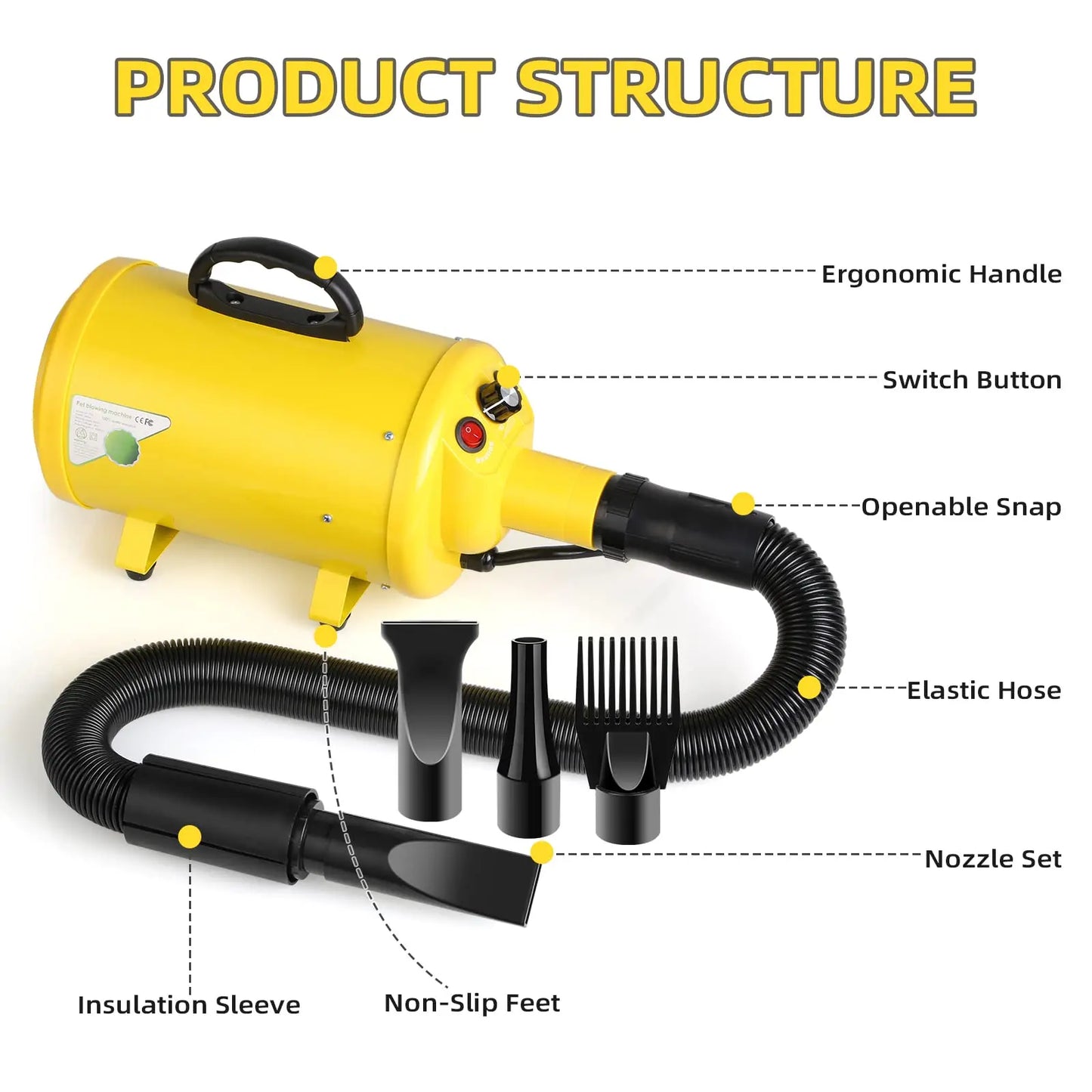 Dog Hair Dryer Grooming Blower with Heat and Stepless Speed