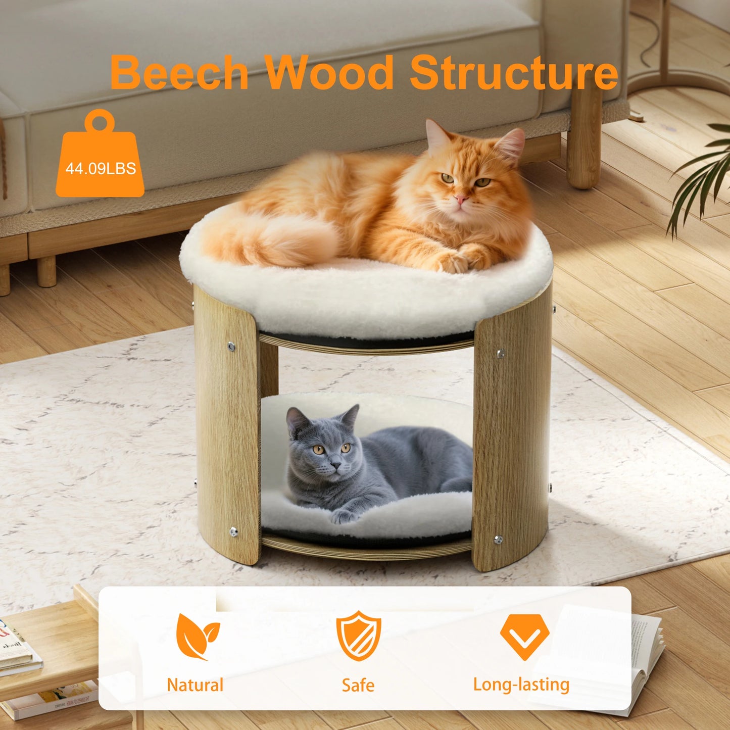 BINGOPAW Elevated Cat Bed TwoTier BambooFrame IndoorCatTreeStructure RemovableWashableMat