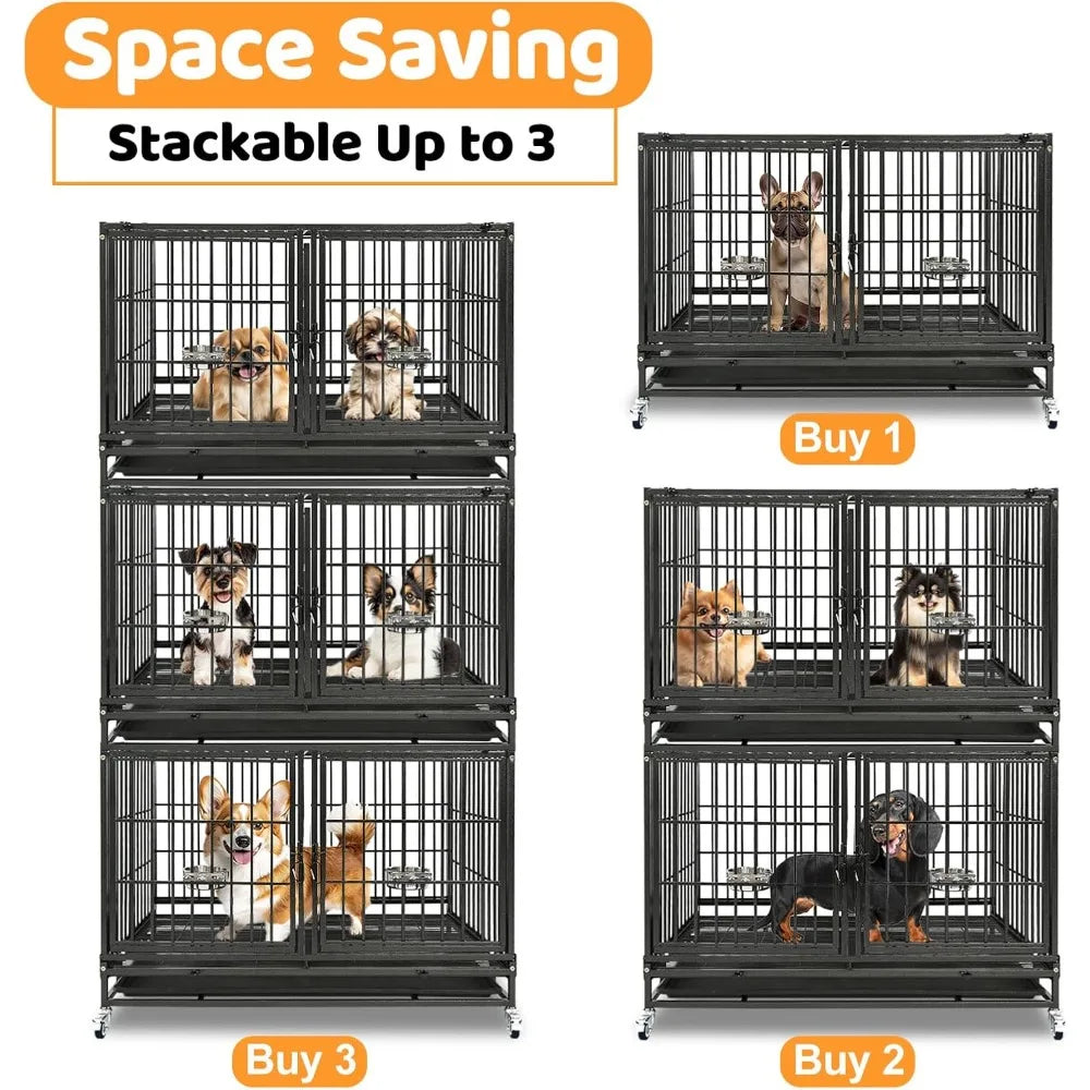 Heavy Duty Stackable Dog Crate With Detachable Divider And Wheels