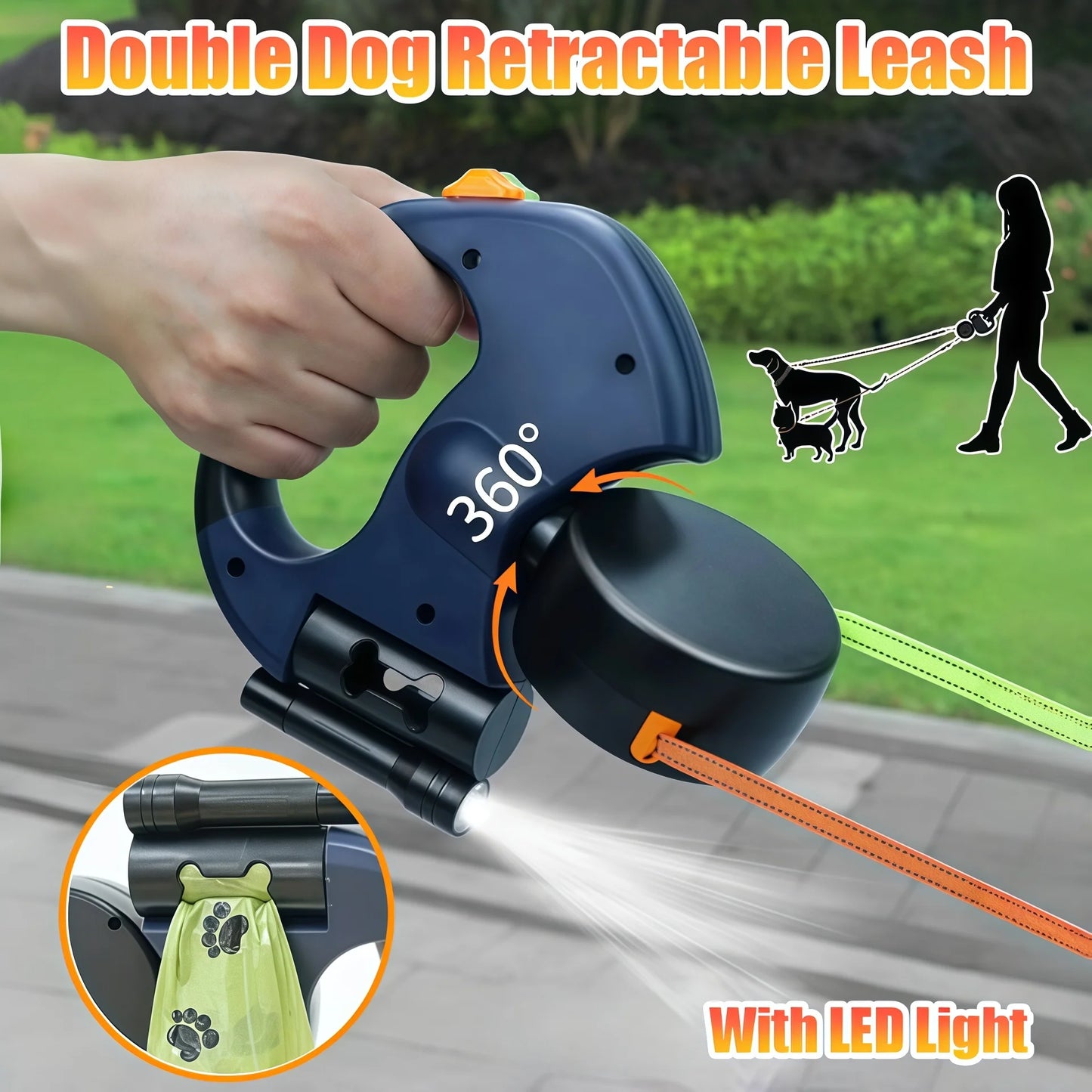AutoRetractable DoubleEnded DogLeash With LEDFlashlight WasteBagBox ProQuality Elite Superior
