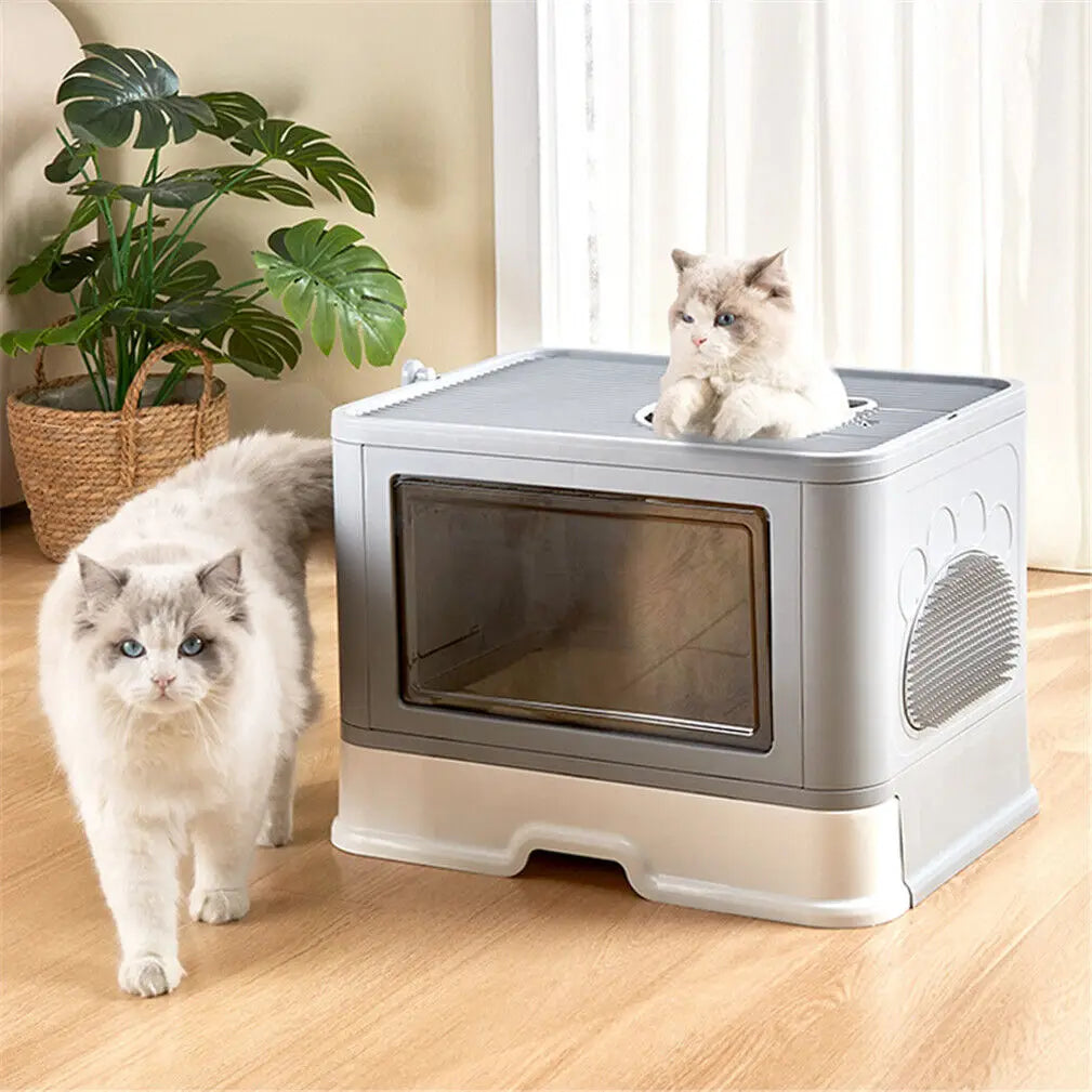 Foldable Enclosed Cat Litter Box With Front Entry Top Exit And Pullout Drawer And Scoop